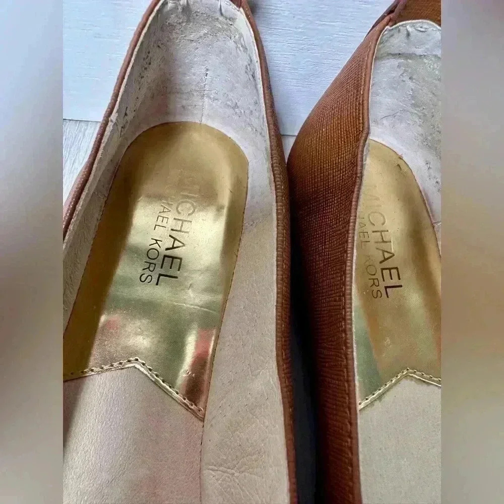 Michael Kors Women Brown Leather Ballet Flats Gold MK Lock Logo Size 8M - Picture 4 of 8